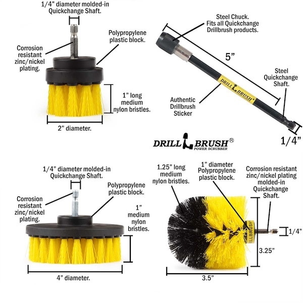 Cepillo para taladro scrubber de poder por Useful Products 5 in W 5 in L Brush, Amarillo - Y-S-42O-5X-QC-DB
