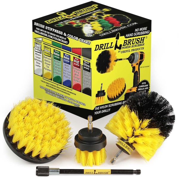 Cepillo para taladro scrubber de poder por Useful Products 5 in W 5 in L Brush, Amarillo - Y-S-42O-5X-QC-DB