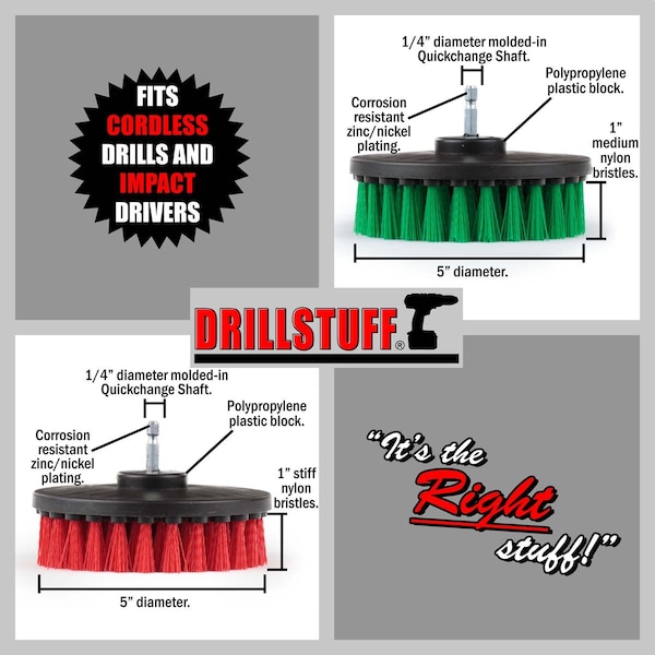 Suministros de limpieza de Drillstuff - Cepillo para taladro - Cerdas medianas y duras de 5 pulgadas - 5IN-S-GR-QC-DS