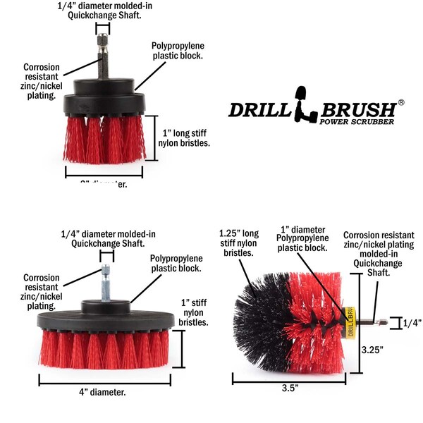 Cepillo Eléctrico Power Scrubber de Drill Brush By Useful Products 5 pulgadas de ancho y 5 pulgadas de largo, color Rojo - RED-ORIG-RED-2-4-LIM-SHORT