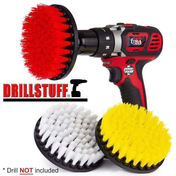 Suministros de limpieza Drillstuff - Cepillo para taladro - Limpiador de alfombras y tapicería - Ducha - 5IN-S-RWY-QC-DS