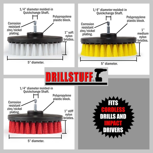 Suministros de limpieza Drillstuff - Cepillo para taladro - Limpiador de alfombras y tapicería - Ducha - 5IN-S-RWY-QC-DS
