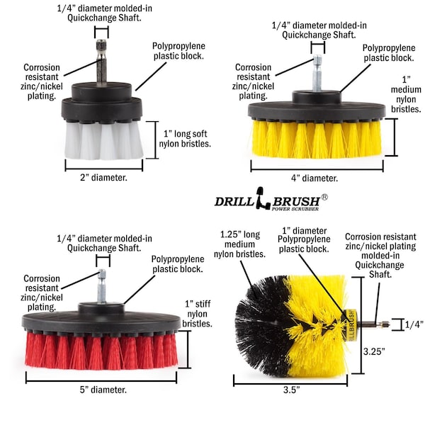 Set de cepillos para taladro con mango de metal y cerdas suaves/medianas Drillbrush 5 in. W - 780330012620