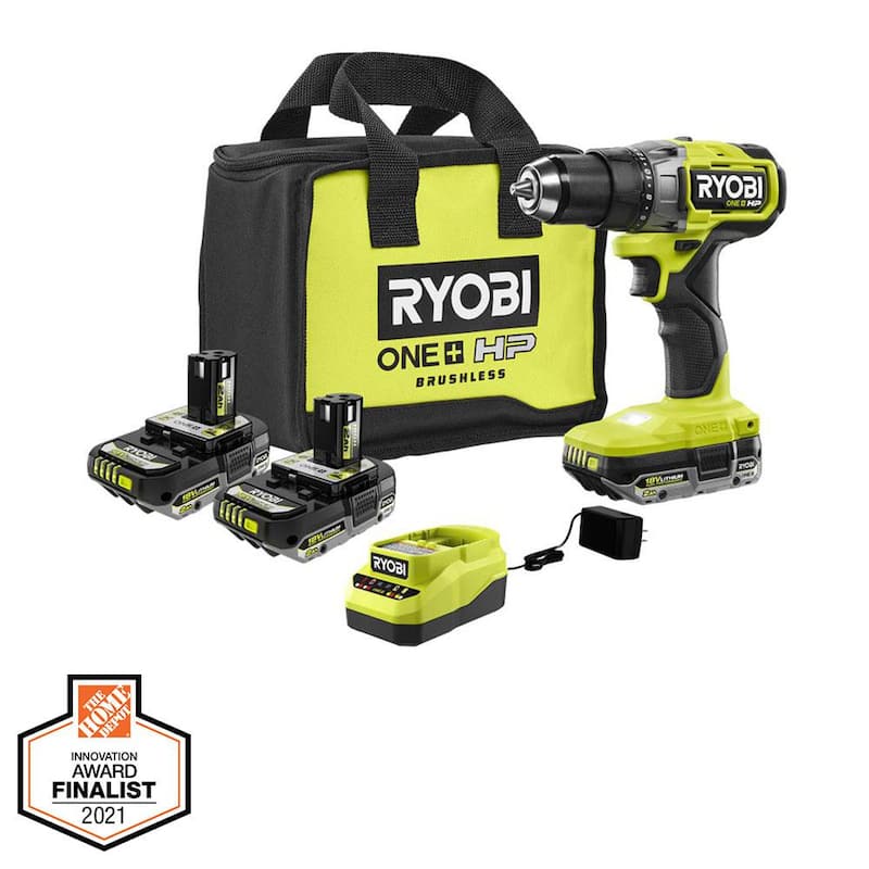 RYOBI ONE+ HP 18V Juego de 2 Herramientas Inalámbricas sin Escobillas con Taladro/Atornillador, Baterías, Cargador y Bolsa con Batería Adicional de 2.0 Ah - PBLDD01K-PBP003