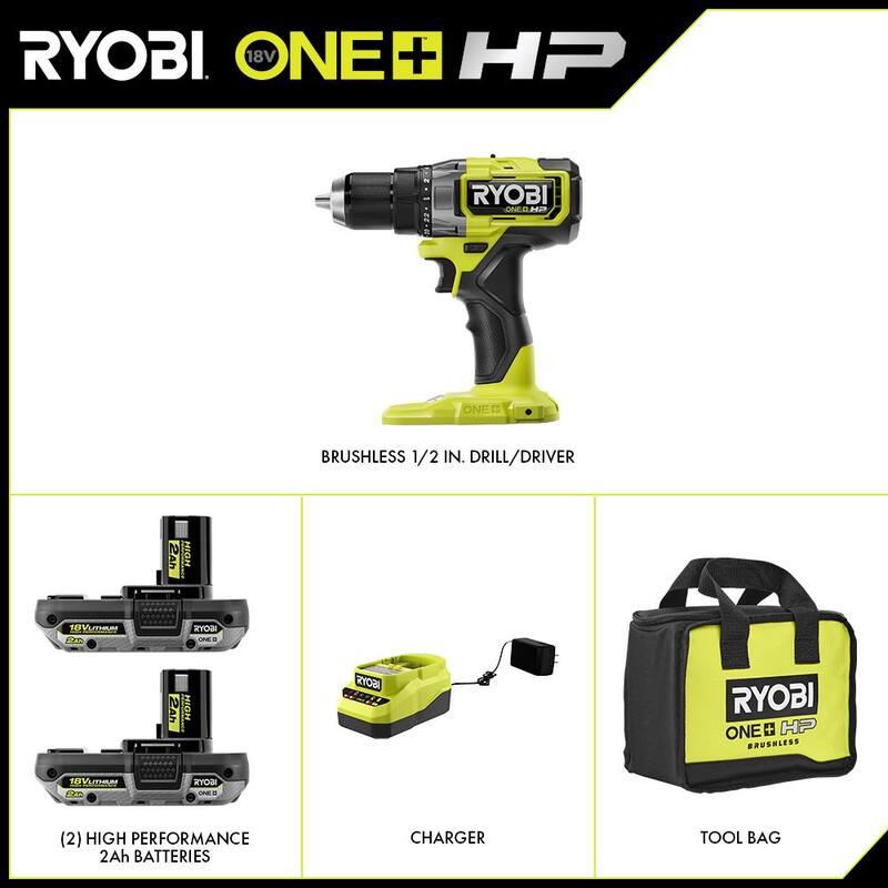 RYOBI ONE+ HP 18V Juego de 2 Herramientas Inalámbricas sin Escobillas con Taladro/Atornillador, Baterías, Cargador y Bolsa con Batería Adicional de 2.0 Ah - PBLDD01K-PBP003