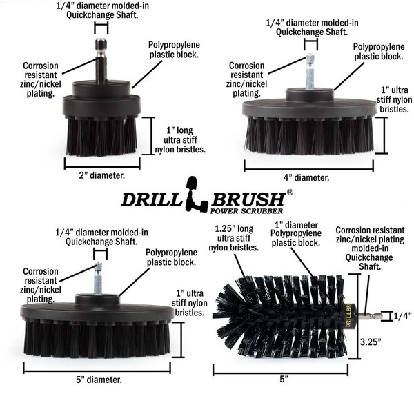 Cepillo Eléctrico para Taladro Power Scrubber de Useful Products 5 pulgadas de ancho 7 pulgadas de largo, color negro - K-S-E542J-QC-DB