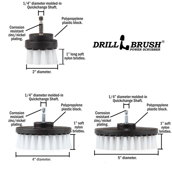 Cepillo de Taladro Power Scrubber de Useful Products 5 pulg. de ancho x 5 pulg. de largo, color blanco - W-S-542-QC-DB