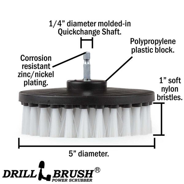 Cepillo para taladro de 5 pulgadas Drillbrush con alimentación de taladro y cerdas de 1/4 de pulgada - 5IN-LIM-BLANCO-CORTO-QC