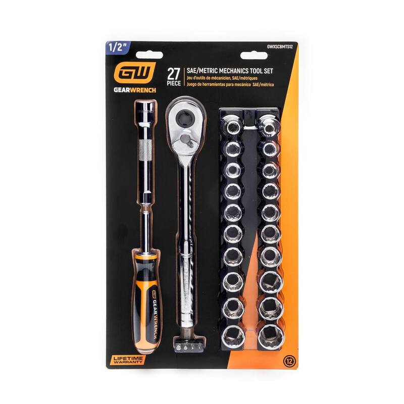 Juego de herramientas manuales para mecánicos GEARWRENCH de 1/2 pulgadas SAE/MM (27 piezas) - GWXSCBMTS12