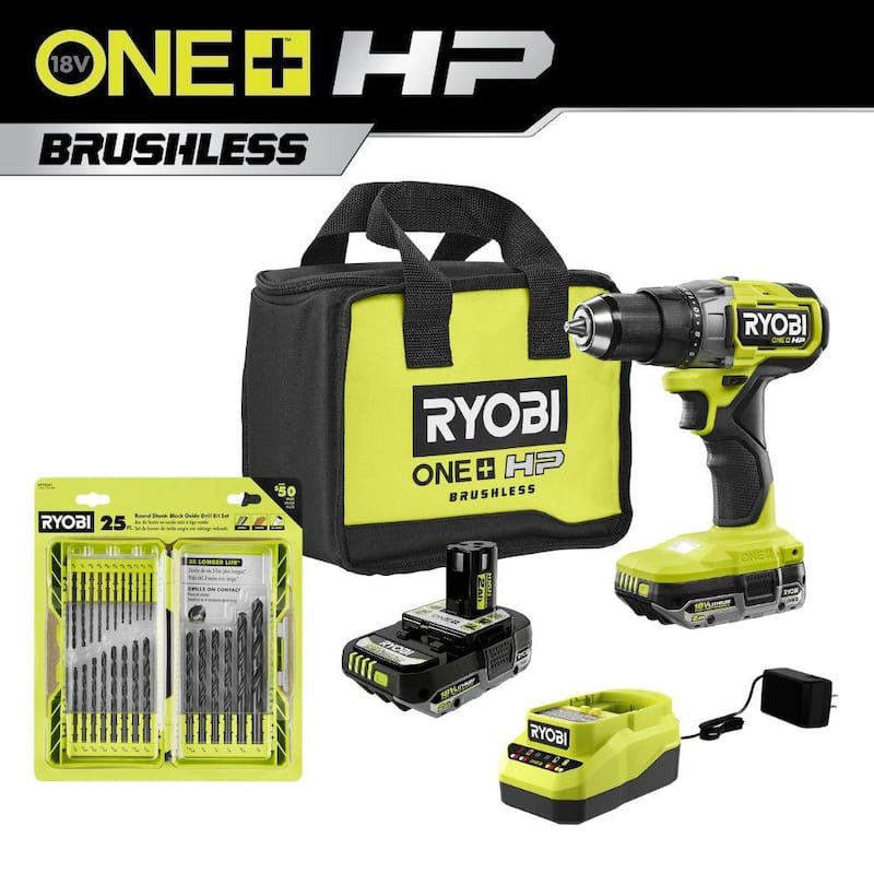 RYOBI ONE+ HP 18V Taladro/destornillador inalámbrico sin escobillas de 1/2 pulg. Kit con (2) baterías, cargador y juego de brocas de óxido negro de 25 piezas - PBLDD01K-A972501