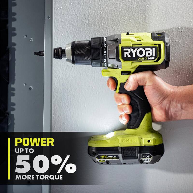 RYOBI ONE+ HP 18V Taladro/destornillador inalámbrico sin escobillas de 1/2 pulg. Kit con (2) baterías, cargador y juego de brocas de óxido negro de 25 piezas - PBLDD01K-A972501