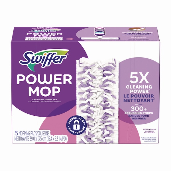 Paños de trapeado Swiffer PowerMop, 5.3 x 15.4, Blanco/Morado, 5 paños/Caja - 08188