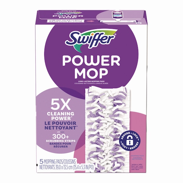 Paños de trapeado Swiffer PowerMop, 5.3 x 15.4, Blanco/Morado, 5 paños/Caja - 08188