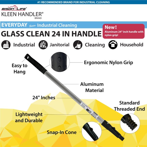 Kleen Handler Limpiador de Vidrio 24 pulgadas con Mangos Fijos, Accesorios de Tornillo y Enganche para Limpiacristales, Plumeros y Estropajos - BLKH-ES-GCH-24IN