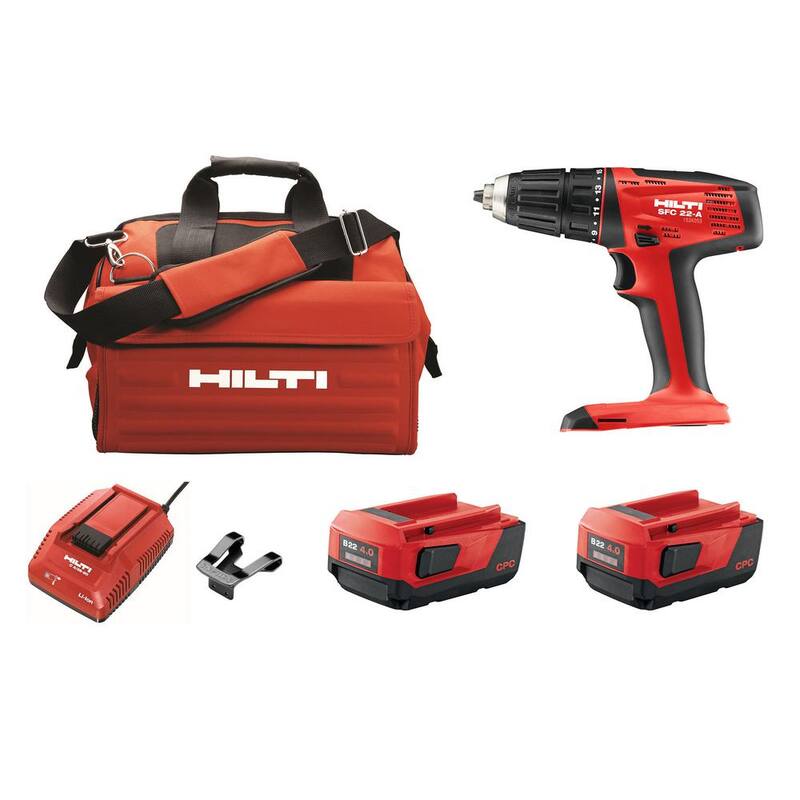 Kit de taladro inalámbrico Hilti SFC de 22 voltios de iones de litio de 1/2 pulgadas con dos baterías de 4.0 Ah, cargador, clip para cinturón y bolsa - 3492967.