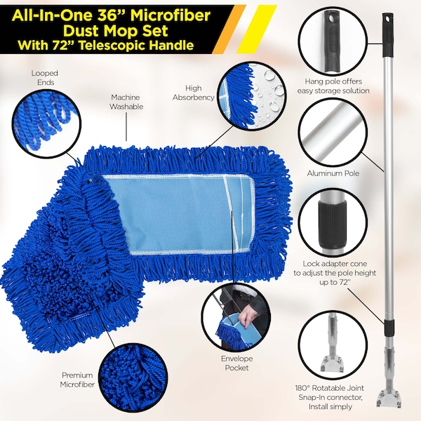 Set de trapeador de polvo de microfibra todo en uno Gritt Commercial 36'' con mango telescópico de 72 - GRI174-36-T