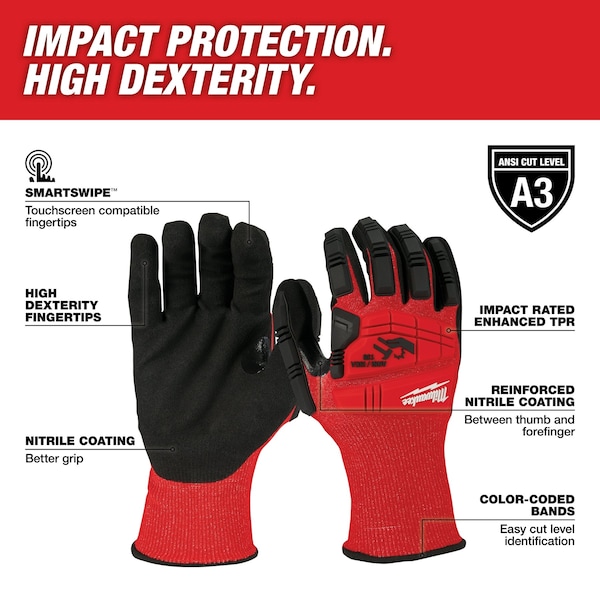 Guantes de impacto Milwaukee Tool nivel 3 con recubrimiento de nitrilo - extra grande, nivel de corte A3, calibre 18, color rojo - 48-22-8973.