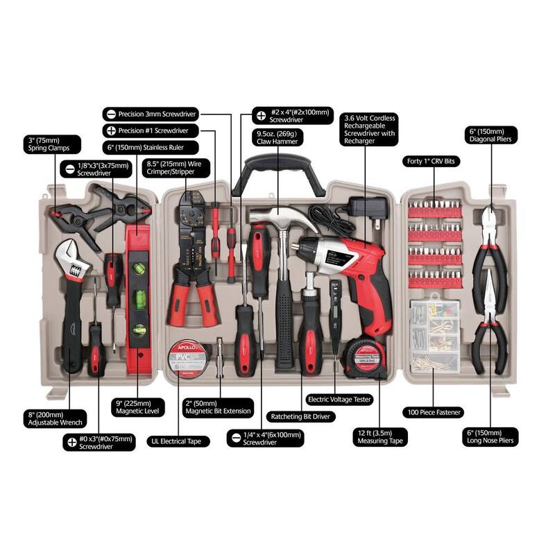 Kit de herramientas para el hogar Apollo con destornillador inalámbrico de 3.6 voltios de ion de litio (161 piezas) - DT0739