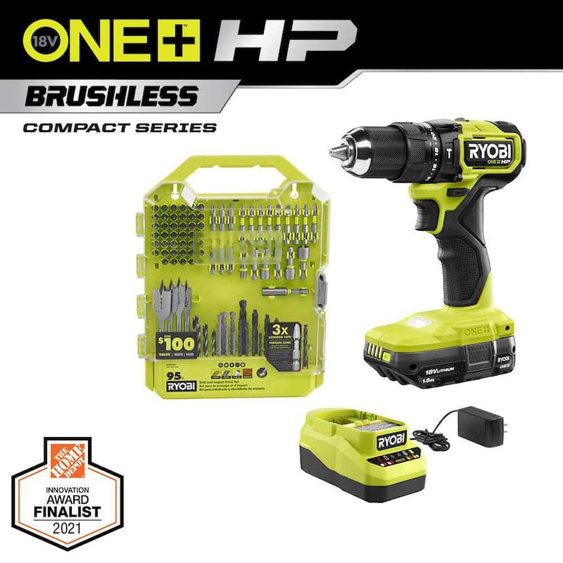 RYOBI ONE+ HP 18V Taladro percutor compacto inalámbrico sin escobillas de 1/2 pulgadas con kit de (1) batería de 1.5 Ah, cargador y juego de brocas de 95 piezas - PSBHM01K-A989504