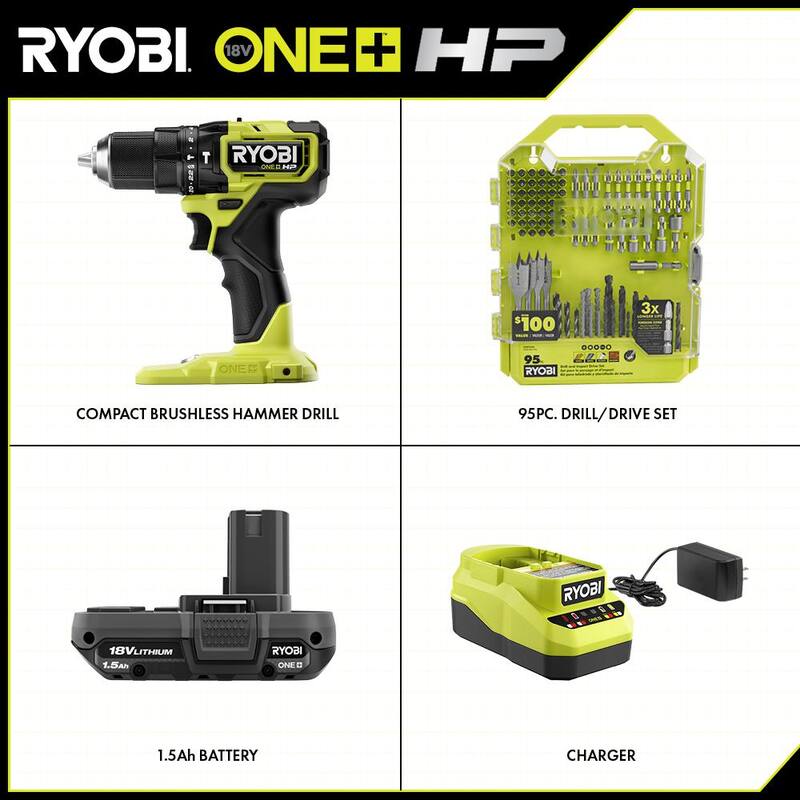 RYOBI ONE+ HP 18V Taladro percutor compacto inalámbrico sin escobillas de 1/2 pulgadas con kit de (1) batería de 1.5 Ah, cargador y juego de brocas de 95 piezas - PSBHM01K-A989504