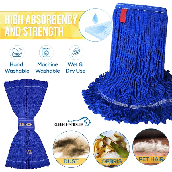 Recambio de Cabezal de Trapeador Húmedo de Uso Pesado Kleen Handler 24 oz. de Buclé de Extremo, Azul Oscuro, para Uso Industrial y Comercial - KHHD-LEM-BD-DBL-24-1