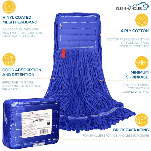 Recambio de Cabezal de Trapeador Húmedo de Uso Pesado Kleen Handler 24 oz. de Buclé de Extremo, Azul Oscuro, para Uso Industrial y Comercial - KHHD-LEM-BD-DBL-24-1