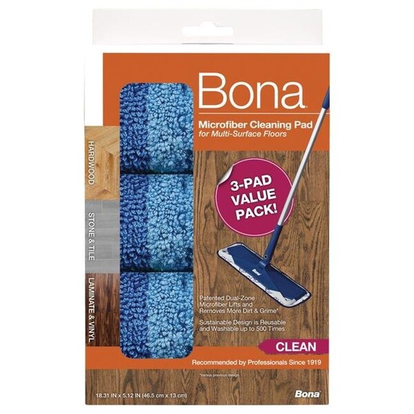 Paño de trapeado de microfibra de limpieza Bona Bona 1017667 5.12 x 18.31 pulgadas; Azul - Paquete de 3 - 1017667