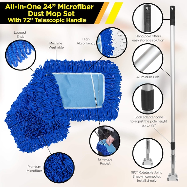 Juego de trapeador de microfibra Gritt Commercial All-In-One 24'' con 72 mango telescópico - GRI174-24-T
