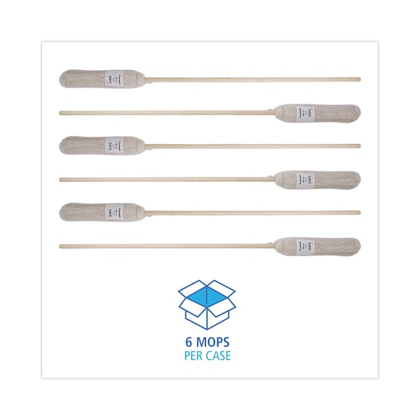 Trapos para trapeador de mango/cubierta Unisan, cabeza de algodón blanco #24, mango de madera natural de 54", paquete de 6 - UNS 124C