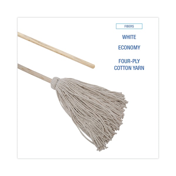 Trapos para trapeador de mango/cubierta Unisan, cabeza de algodón blanco #24, mango de madera natural de 54", paquete de 6 - UNS 124C