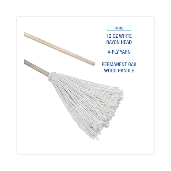 Trapos para trapeador de mango/tabla Boardwalk, cabeza de rayón blanco #12, mango de madera natural de 48", paquete de 6 - BWK112R