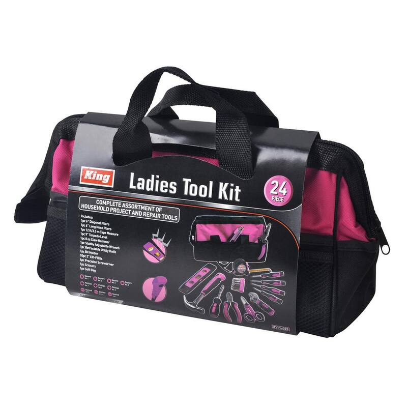 Juego de herramientas rosa KING completo para el hogar con bolsa (24 piezas) - 3111-0