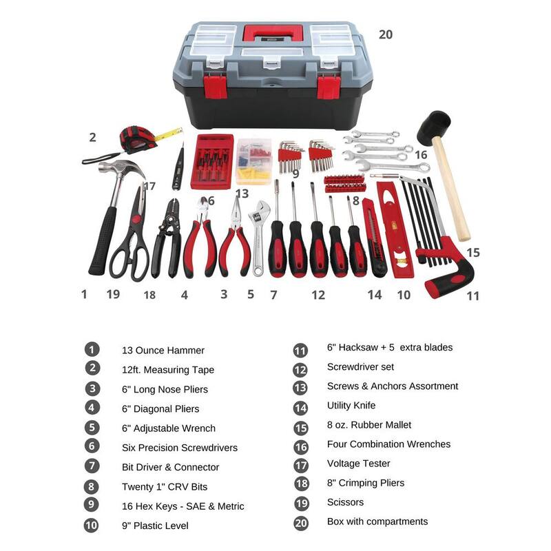 Kit de herramientas domésticas Apollo con caja de herramientas de 16.5 pulgadas en color rojo (170 piezas) - DT7103