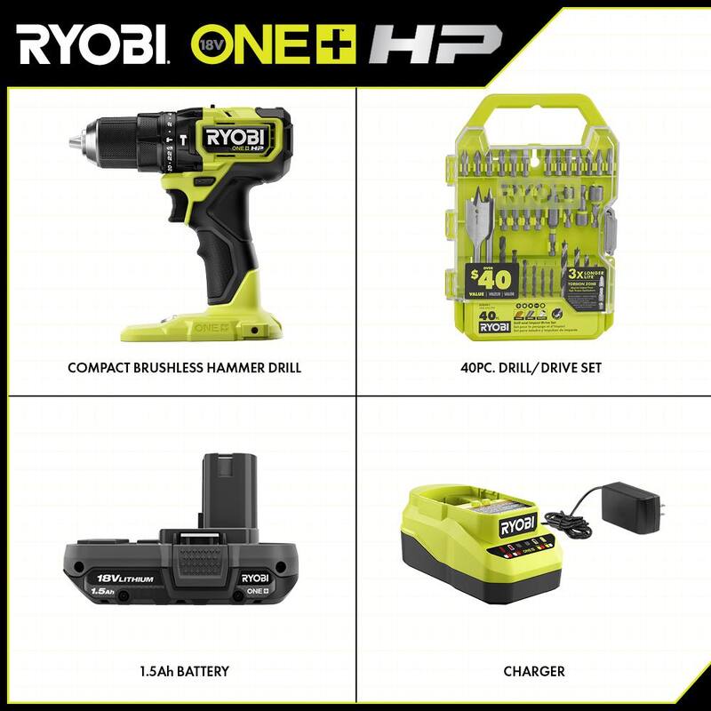RYOBI ONE+ HP 18V Taladro de martillo inalámbrico compacto sin escobillas de 1/2 pulgadas Kit con (1) Batería de 1.5 Ah, Cargador y Juego de brocas de 40 piezas - PSBHM01K-A98401