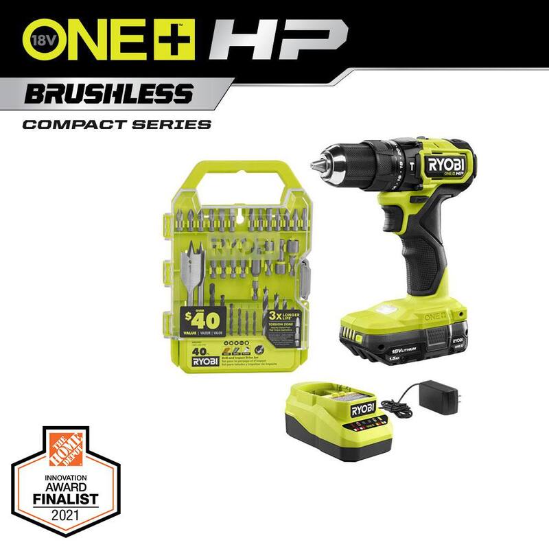 RYOBI ONE+ HP 18V Taladro de martillo inalámbrico compacto sin escobillas de 1/2 pulgadas Kit con (1) Batería de 1.5 Ah, Cargador y Juego de brocas de 40 piezas - PSBHM01K-A98401