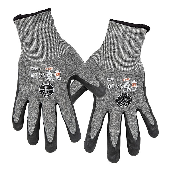 Guantes de trabajo Klein Tools, Corte 2, X-Grande, Nivel de Corte A2, 1/16 de pulgada, Tejido Gris, Recubrimiento Negro, Hilo del Puño Naranja - 60197