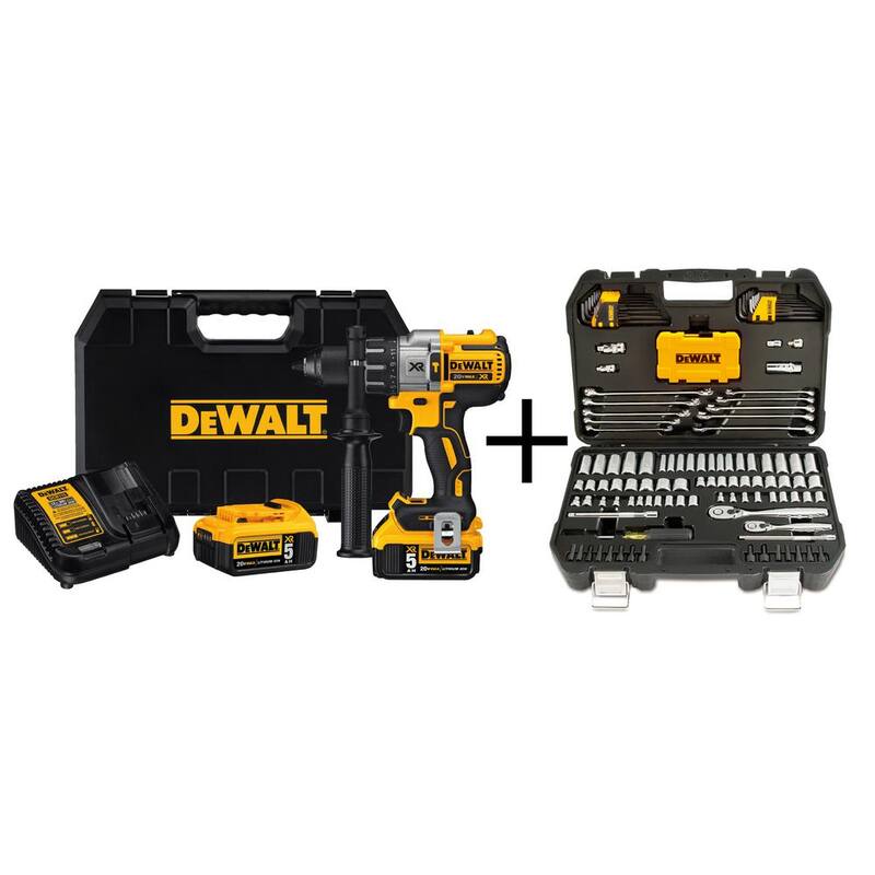 DEWALT Taladro de martillo inalámbrico sin escobillas 20V MAX XR de 3 velocidades de 1/2 pulgadas, juego de herramientas con mecanismo (142 piezas), y (2) baterías de 20V 5.0Ah - DCD996P2wMT