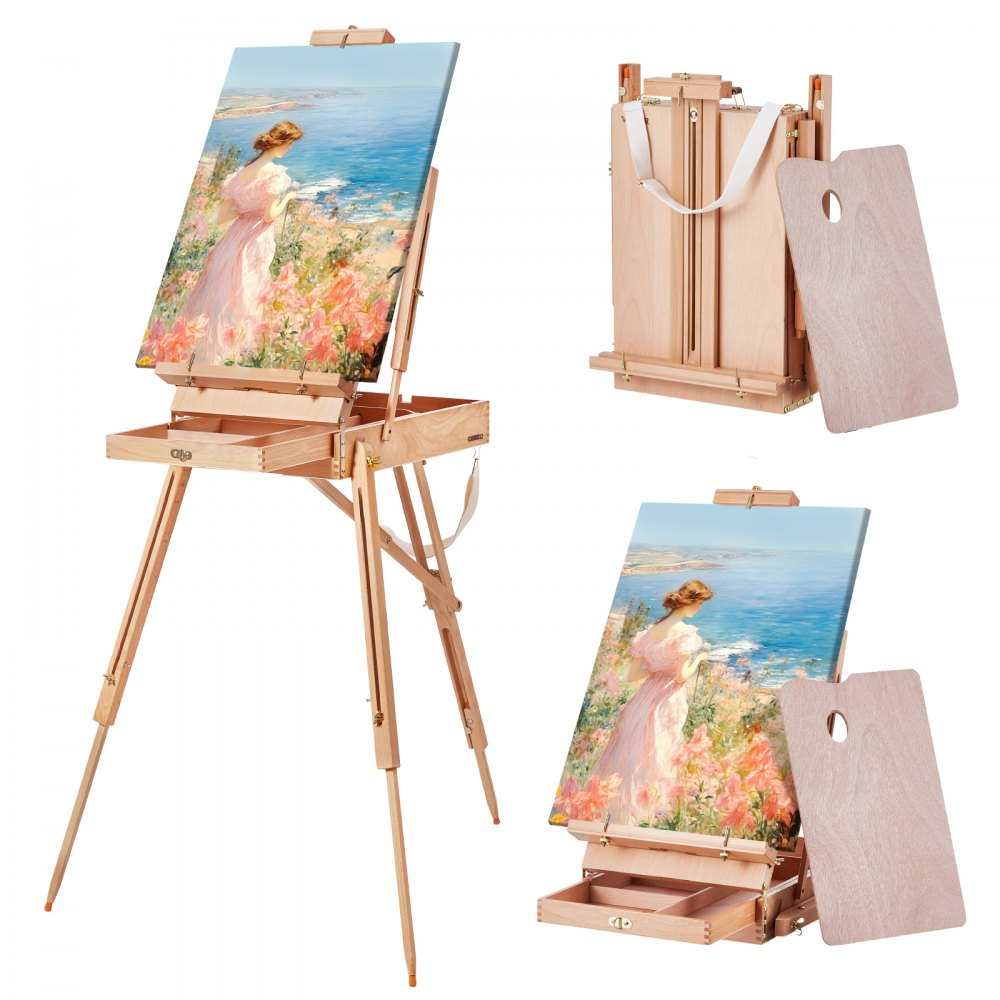 VEVOR French Easel Hold Canvas to 34" Beechwood Foldable Sketchbox Easel Drawer - HH80100CMMZDGVYXZV0