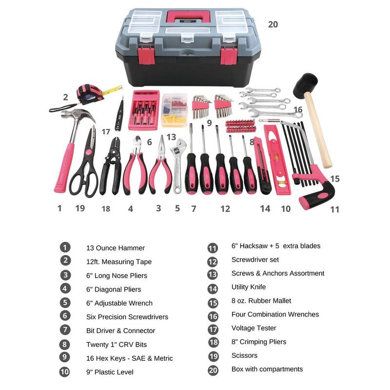 Kit de herramientas domésticas Apollo con caja de herramientas rosada de 16.5 pulgadas (170 piezas) - DT7103P