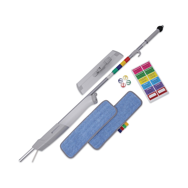 Sistema de trapeador de microfibra sin balde Boardwalk, cabezal de 5 x 18 pulgadas, mango de 59 pulgadas, Azul/Gris - BWKBWMS16MFM