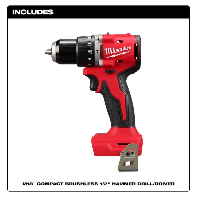 Martillo taladro/destornillador compacto sin escobillas inalámbrico de 1/2 pulgada Milwaukee M18 18 voltios de iones de litio (herramienta solamente) con batería M18 5.0Ah y cargador - 3602-20-48-59-1850.