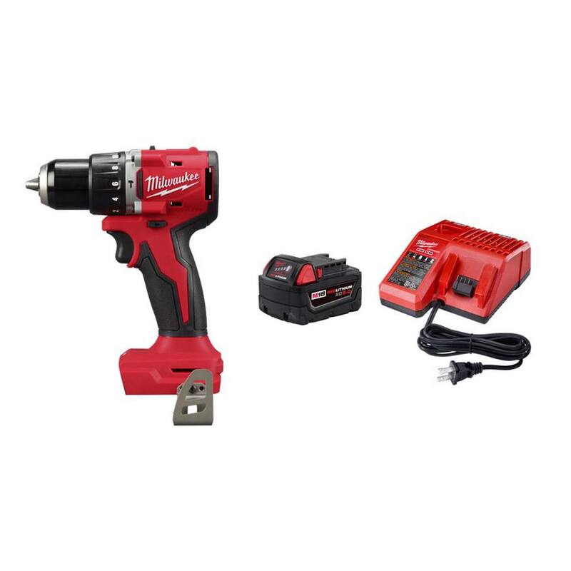 Martillo taladro/destornillador compacto sin escobillas inalámbrico de 1/2 pulgada Milwaukee M18 18 voltios de iones de litio (herramienta solamente) con batería M18 5.0Ah y cargador - 3602-20-48-59-1850.