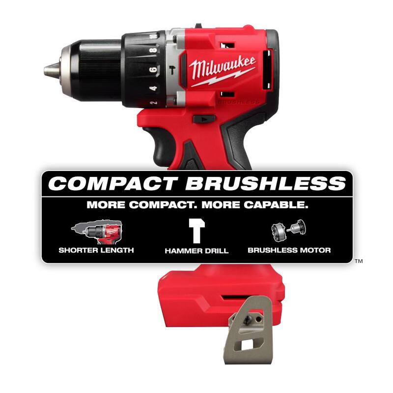 Martillo taladro/destornillador compacto sin escobillas inalámbrico de 1/2 pulgada Milwaukee M18 18 voltios de iones de litio (herramienta solamente) con batería M18 5.0Ah y cargador - 3602-20-48-59-1850.