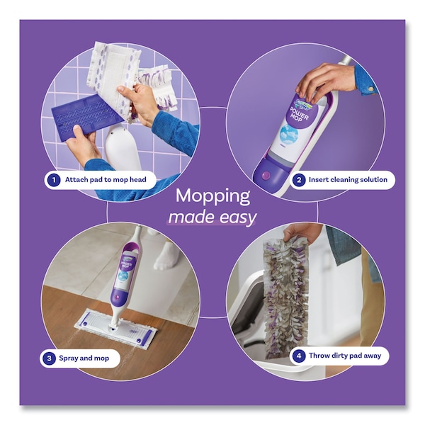 Kit de inicio Swiffer PowerMop, 15.4 x 5.3, cabeza de tela blanca/morada, mango de aluminio plateado de 26 pulgadas - 80714901