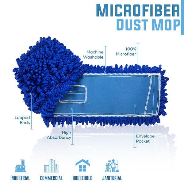 Trapeador de polvo de microfibra Bison Life de 36 pulgadas con extremo de lazo grande, conexión deslizante, grado comercial, lavable, azul - KHES-LEBDM-36