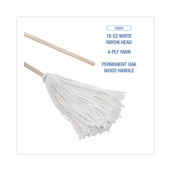 Traperos de mango/tabla Boardwalk, cabezal de rayón blanco #16, mango de madera natural de 48", paquete de 6 - BWK116R