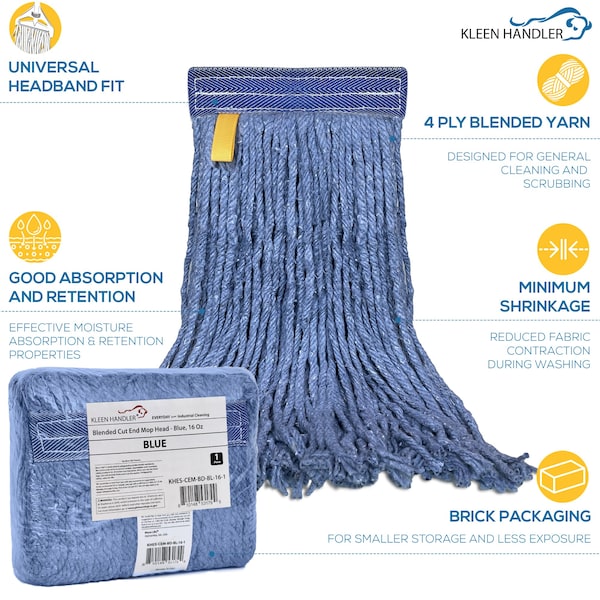 Relleno de Cabeza de Trapeador Húmedo Mezclado Kleen Handler 16 Oz Cut-End con Banda Universal de 1.25 Pulgadas, Azul - KHES-CEM-BD-BL-16-1