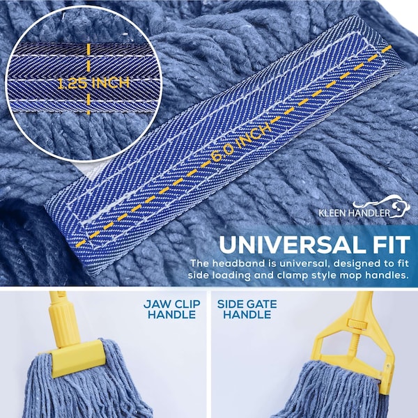Relleno de Cabeza de Trapeador Húmedo Mezclado Kleen Handler 16 Oz Cut-End con Banda Universal de 1.25 Pulgadas, Azul - KHES-CEM-BD-BL-16-1
