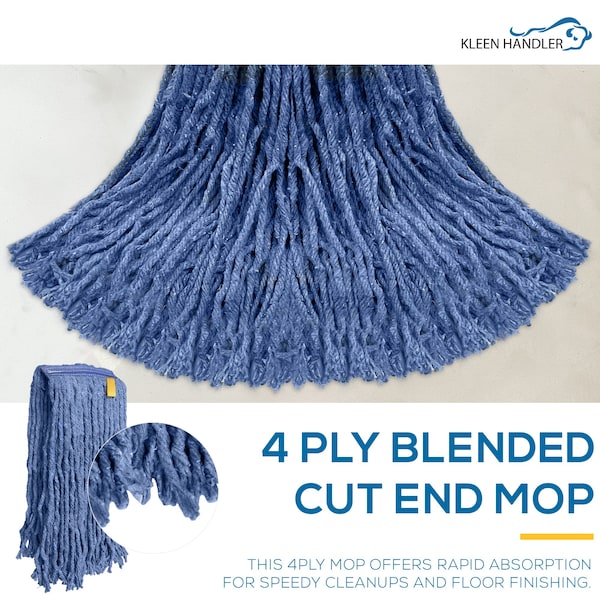 Relleno de Cabeza de Trapeador Húmedo Mezclado Kleen Handler 16 Oz Cut-End con Banda Universal de 1.25 Pulgadas, Azul - KHES-CEM-BD-BL-16-1