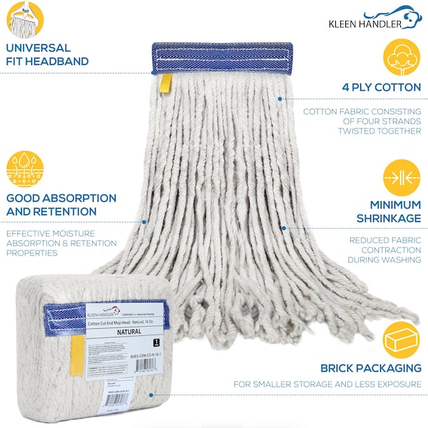 Recambio de trapeador húmedo de algodón Kleen Handler de 16 onzas, con cabeza cortada, banda universal de 1.25 pulgadas, recarga de trapeador de algodón natural - KHES-CEM-CO-N-16-1
